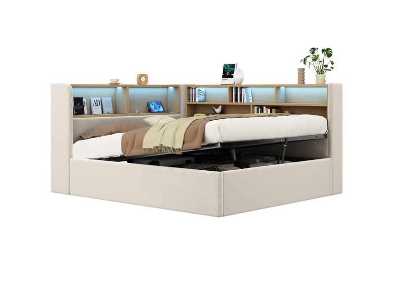 Lit banquette coffre 140x190 cm en velours beige avec led, usb et usb-c  - Conforama W