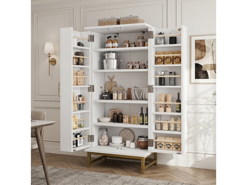  Buffet de cuisine blanc et or, meuble haut 60x40x130 cm, rangement avec étagères ajustables et portes intégrées, idéal pour petite cuisine ou salon  - Conforama R
