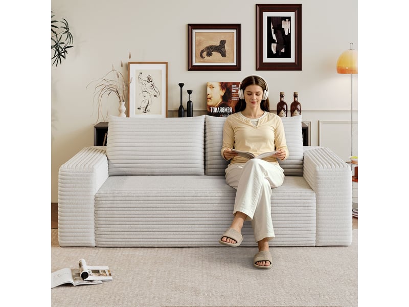  Canapé compressé 2 places 180x90x83 cm - velours côtelé - éponge à haute élasticité - 2 coussins - blanc - salonchambre  - Conforama D