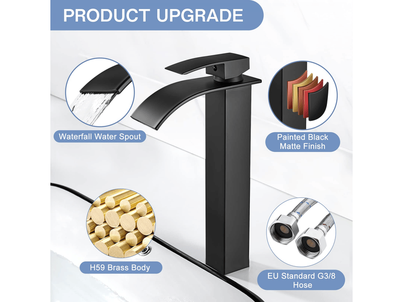  Robinet de salle de bain cascade moderne en noir,mitigeur lavabo bec haut 232 mm,robinetterie carré laiton eau chaudefroide,raccord g 38  - Conforama B