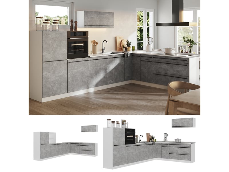 Vicco cuisine en angle, bétonblanc, 327 x cm plan de travail marbre - Conforama D