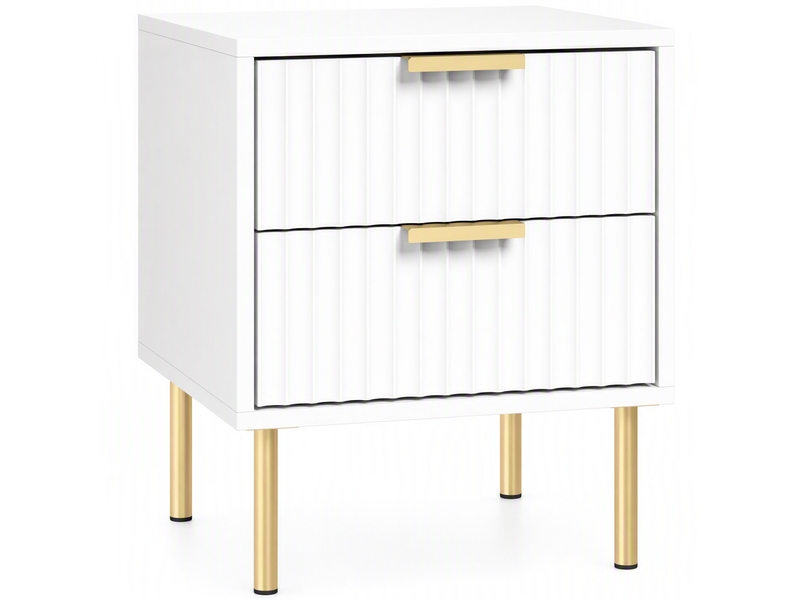  Table de chevet, table de nuit cannelée avec 2 tiroirs et pieds en acier, pour chambre à coucher, salon, blanc  - Conforama B