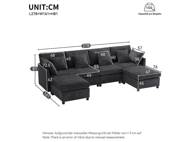  Canapé modulable ulevr 4 à 6 places convertible en u ou l, 278 x 161 cm, 2 poufs, chenille gris  - Conforama C