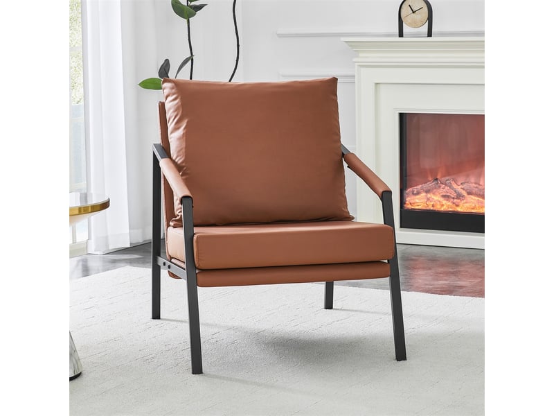  Fauteuil crapaud moderne en similicuir - 67x67x80cm - fauteuil lounge industriel avec cadre en métal noir - marron  - Conforama B