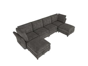 Canapé d'angle modulable en u 6 places en tissu chenille gris avec poufs de rangement