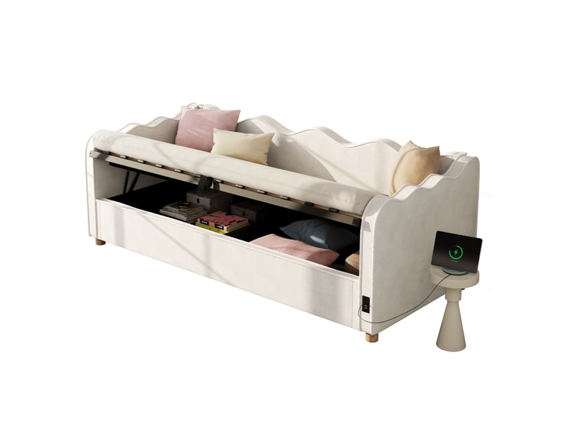  Lit banquette coffre 90x200 cm lit enfant en velours beige avec usb et type-c  - Conforama A