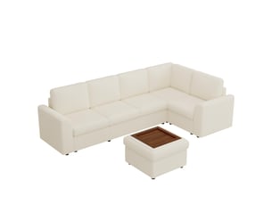 Canapé d'angle panoramique convertible <strong>SAPGAKS</strong> <strong></strong> 6 places Velours côtelé beige avec coffre de rangement