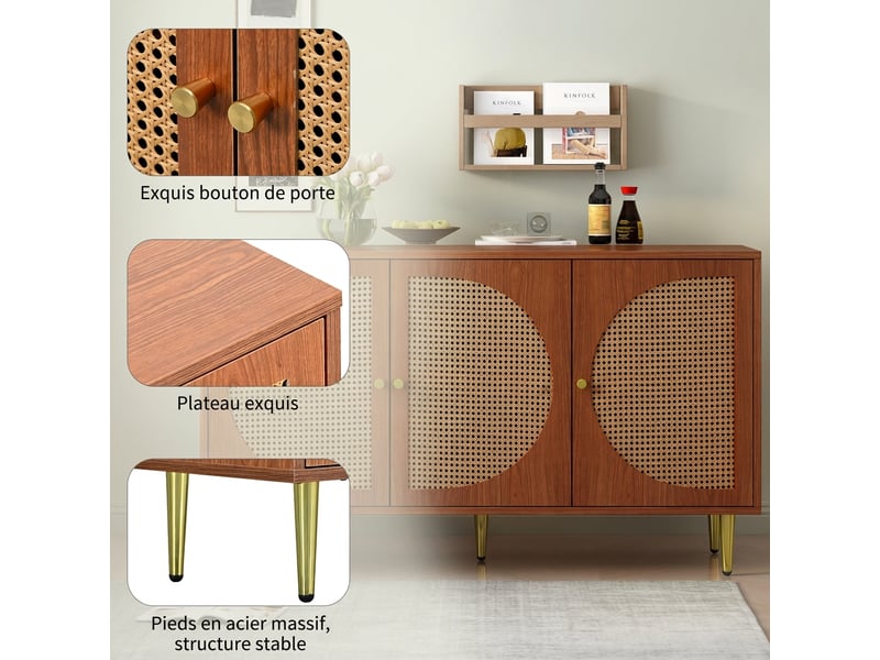 Buffet 3 portes rotin meuble de rangement noyer 130 cm - pieds métal - Conforama R