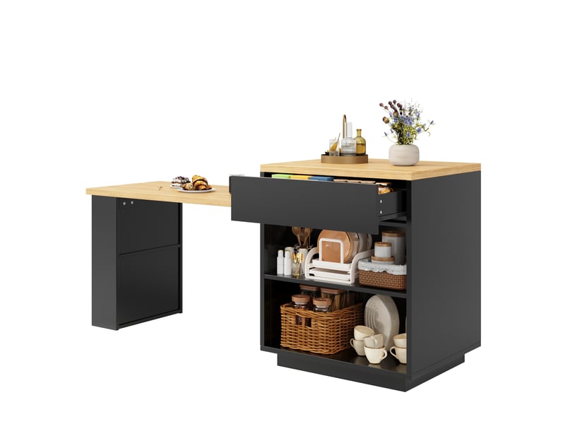  Îlot central table repas extensible 122-194,5x70x94 cm, vitrine double porte+tiroir, led app usb, mdf métal noir  - Conforama A
