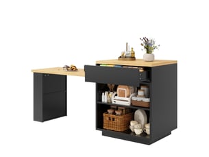 Îlot central table repas extensible 122-194,5x70x94 cm, vitrine double porte+tiroir, led app usb, mdf métal noir