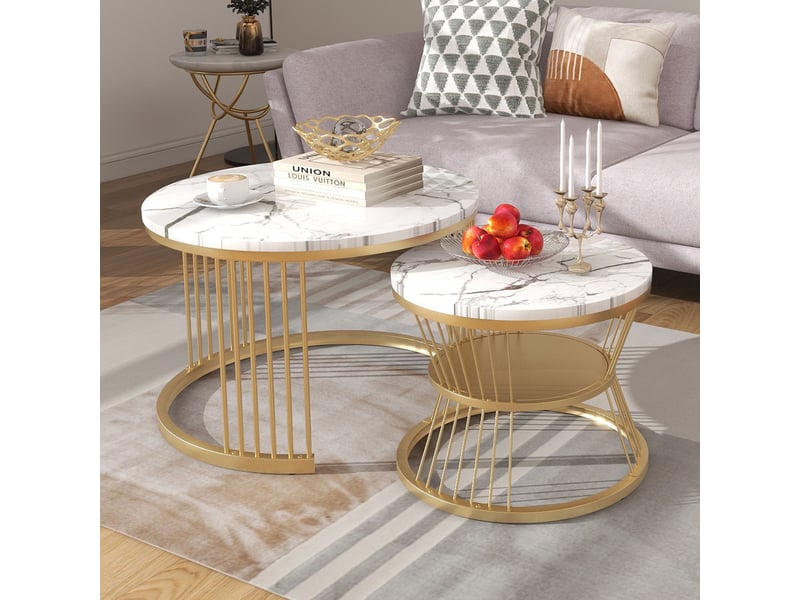  Lot de 2 tables basses gigognes ronde – 70 x 70 x 45.5 cm – double niveau &amp; pieds métal – marbre- blanc et doré  - Conforama D
