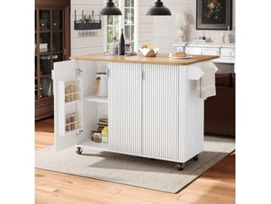 Île de cuisine sur roulettes, buffet 3 portes, plan de travail extensible, rangement ajustable et porte-serviettes