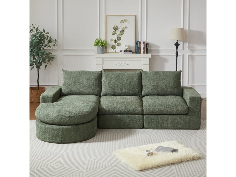  Canapé d’angle modulable avec méridienne réversible - lpospi - coussins double épaisseur, chenille vert  - Conforama C