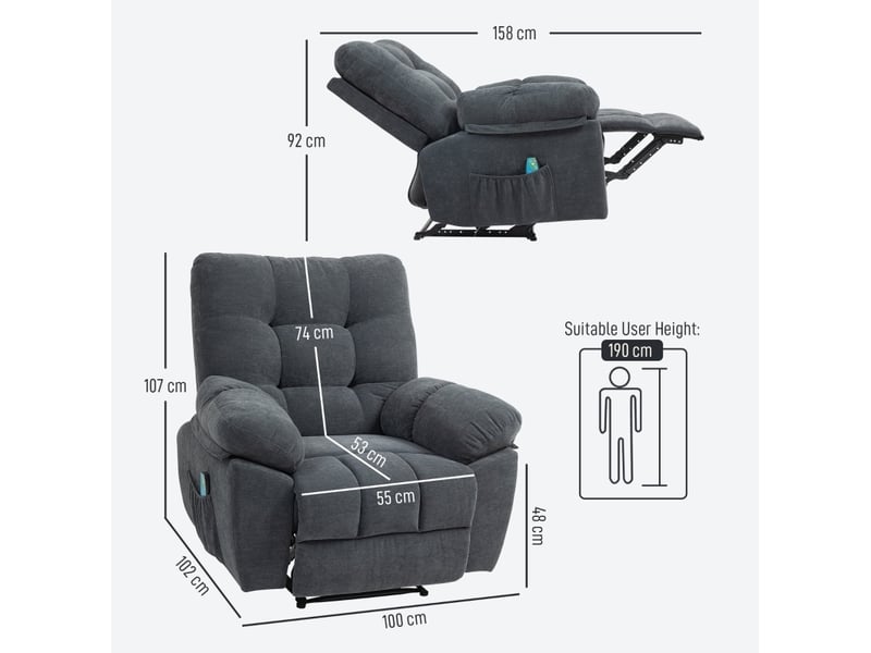  Fauteuil relax massant 100x102x107 cm inclinable 150° 8 points de vibration gris foncé  - Conforama C