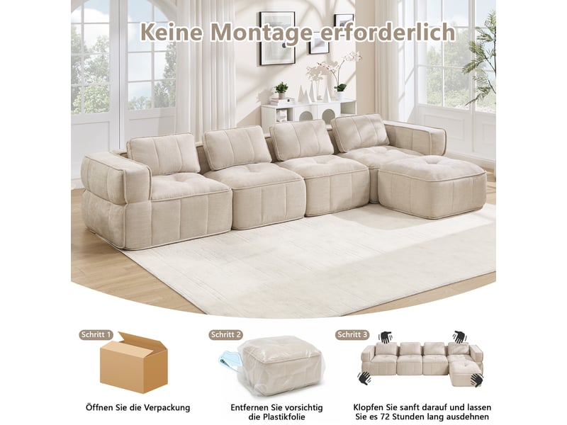  Canapé modulable d'angle en l,4 places avec 1 pouf,344x162x67cm,canapé à compression sans montage, mousse haute densité 32d,assise profonde,beige  - Conforama D
