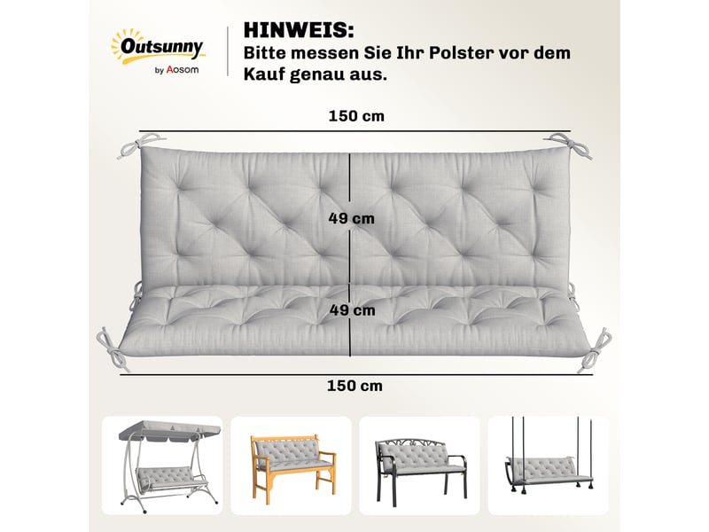  Coussin de banc 3 places avec attaches polyester gris clair 150x98x8 cm  - Conforama C