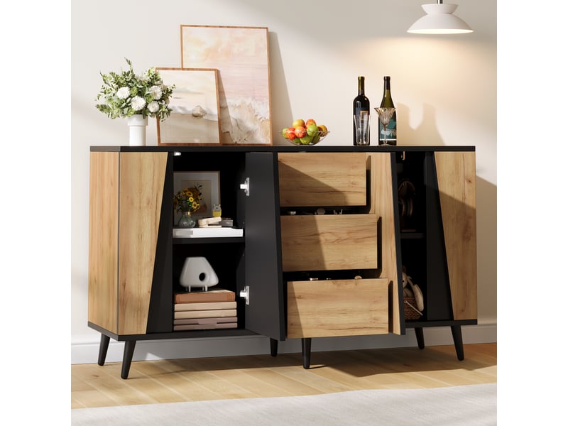 Buffet 2 portes avec 3 tiroirs, coloris bois naturel et noir, 120x40x70 cm, meuble de rangement pour salon, cuisine et bureau - Conforama D