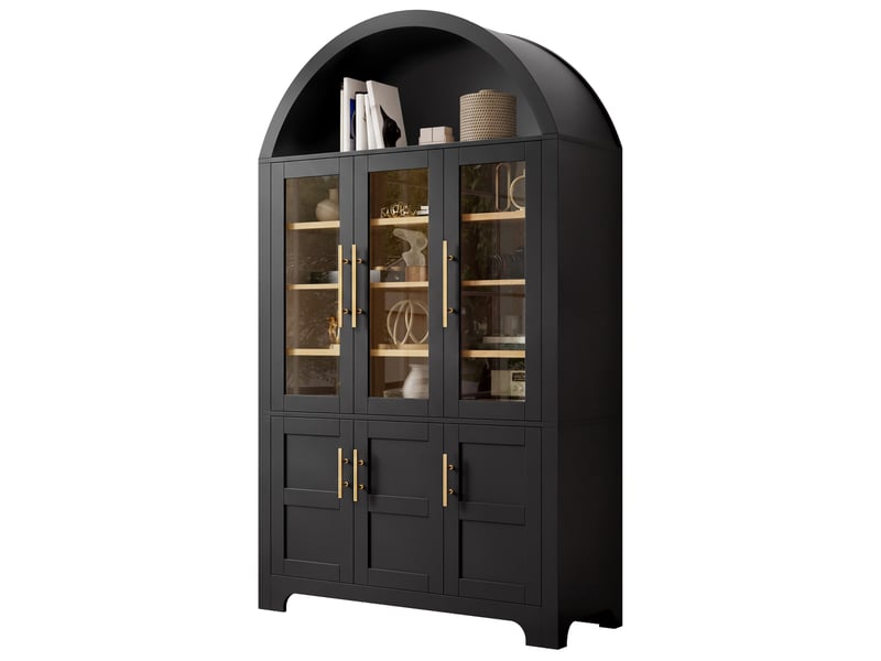  Buffet haut 110x40x185cm, 3 vitrines en verre, 3 compartiments fermés, étagères réglables, niche arrondie, mdf et panneaux de particules, noir ABC - Conforama A