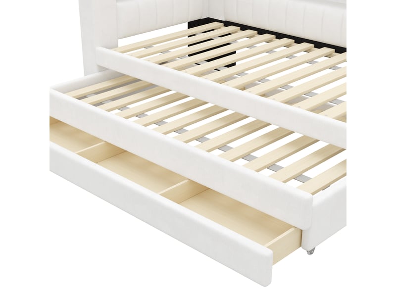  Lit banquette rembourré 90 x 200 cm, lit gigogne, 3 tiroirs, led, ports usb, revêtement lin, blanc evarich - Conforama D