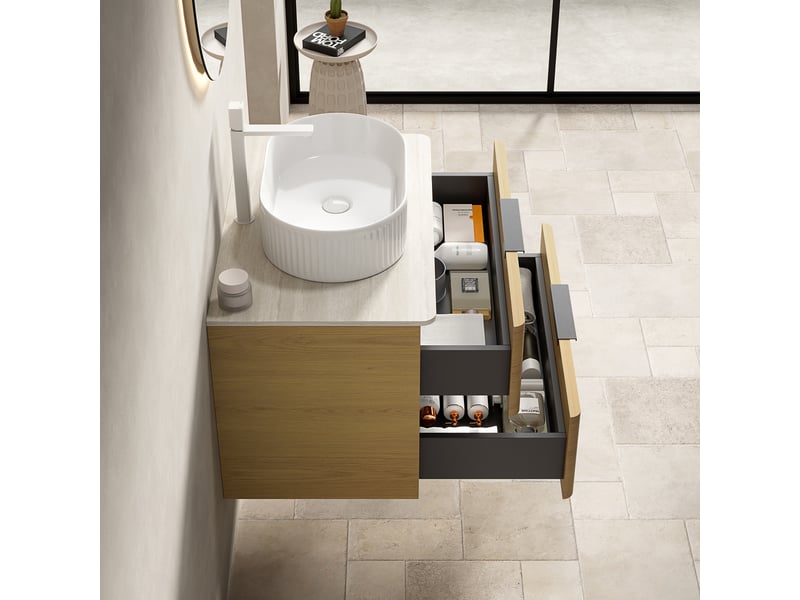  Meuble sous vasque avec 2 tiroirs et vasque ovale en céramique, plateau en pierre frittée, salle de bain, beige et chêne  - Conforama E
