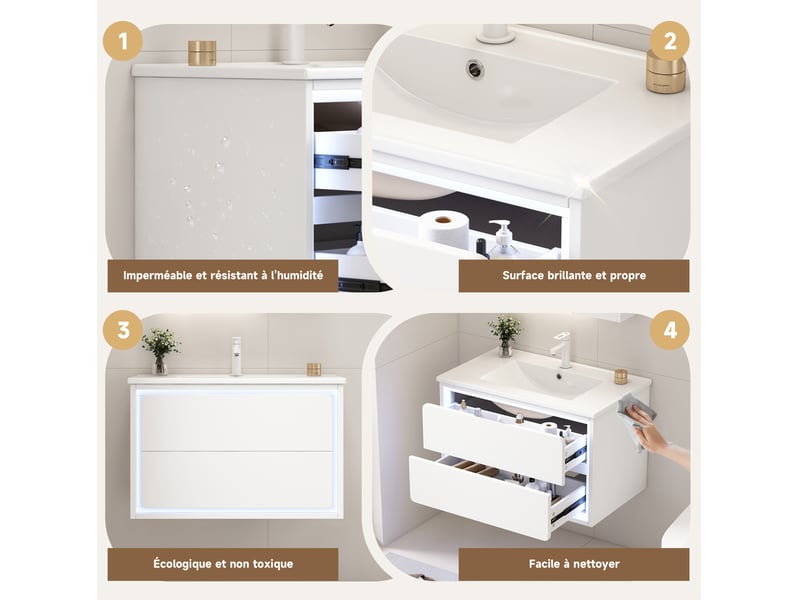 Meuble de salle de bain suspendu 76x46x48,5 cm, 2 tiroirs, vasque, meuble avec led radar, mdf blanc, rangement pratique - Conforama D