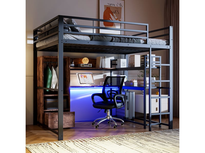  Lit mezzanine enfant 200×140 cm avec bureau, tiroir, rangements et éclairage led, sans matelas, en métal et mdf  - Conforama C