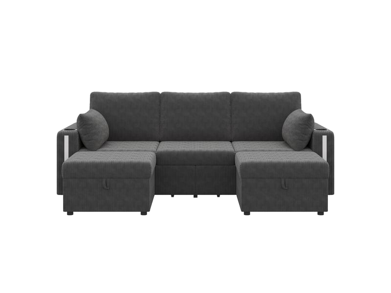  Canapé modulaire u ou l 5-6 places avec led et ports usb - lpospi - rangements en velours côtelé gris  - Conforama A