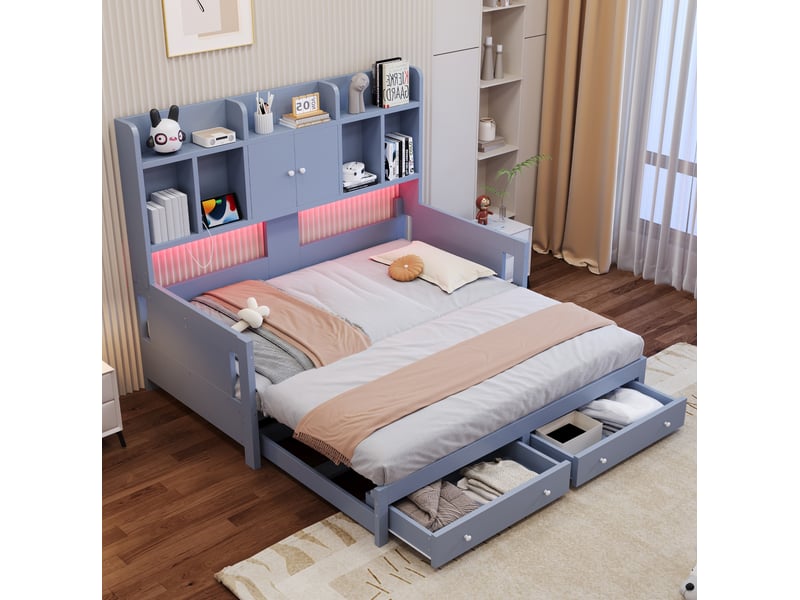 Lit banquette 90x190 cm extensible 180x190 cm – gris – 2 tiroirs, rangements, led et prises - sans matelas - Conforama B