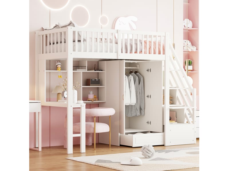  Lit mezzanine 90x200 cm avec armoire, bureau, étagère et escalier blanc  - Conforama B