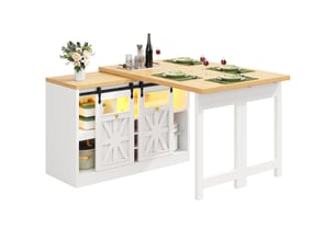 Buffet de cuisine avec table extensible pivotante à 360 degrés, led et rangement, pour salle à manger, en blanc