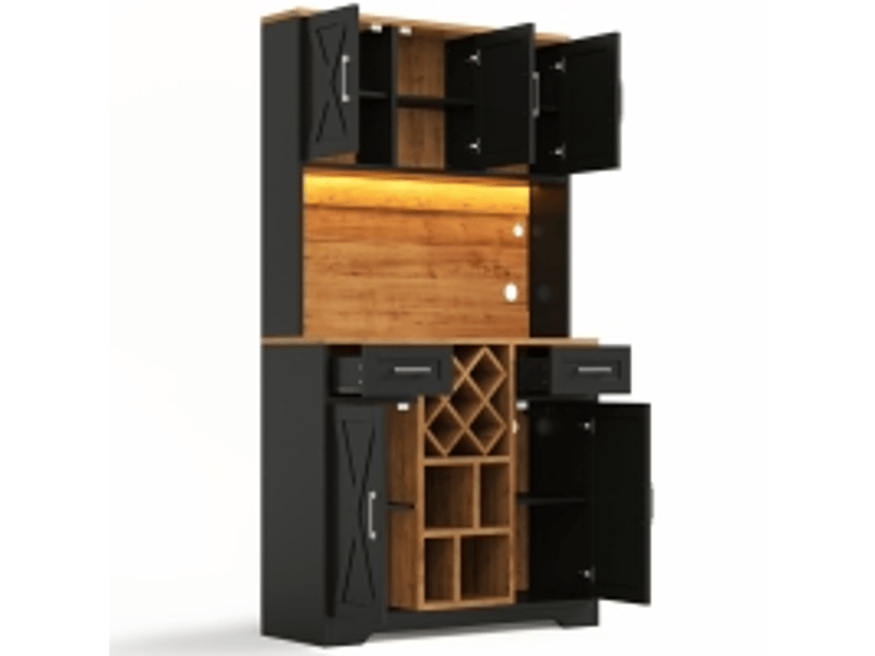 Buffet de cuisine en mdf 105x40x180 cm, 2 tiroirs, casier à bouteilles amovible, led et prises usb pour salle à manger  - Conforama A
