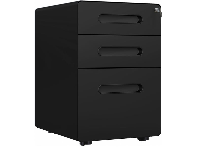  Caisson de bureau mobile 39 x 48 x 59 cm – noir – 3 tiroirs avec serrure et roulettes en acier  - Conforama A