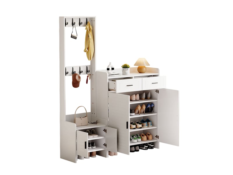  Meuble d’entrée avec rangement chaussures blanc, vestiaire 8 crochets, 2 portes et 2 tiroirs pour couloir, 125 x 32 x 165 cm  - Conforama D
