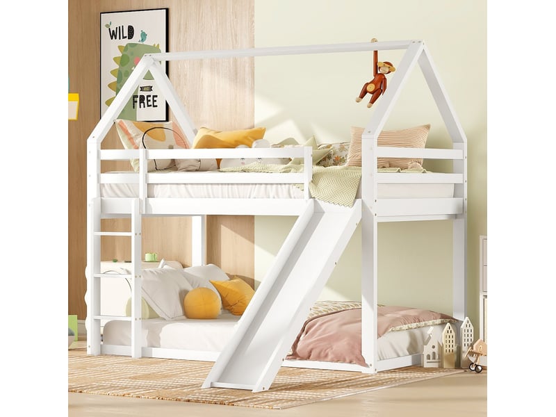  Lit superposé enfant maison 90x200 cm, toboggan et échelle, bois coloris blanc, sans matelas  - Conforama B