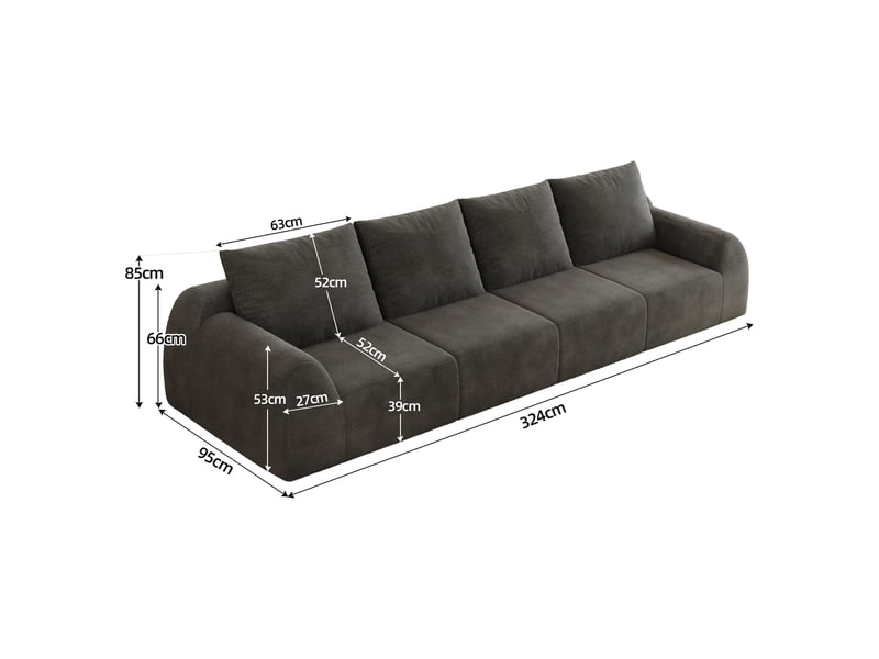  Canapé compressé 4 places, 324 x 95 x 85 cm, mousse haute élasticité, sans montage, tissu chenille, gris foncé  - Conforama C
