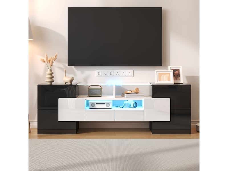 Meuble tv blanc brillant et béton 145 cm avec éclairage led multicolore et surface en verre - Conforama B