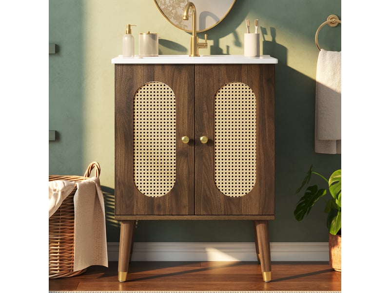  Meuble sous vasque avec 2 portes en rotin, 2 étagères fixes et vasque en céramique pour salle de bain, 61×47×89 cm  - Conforama B