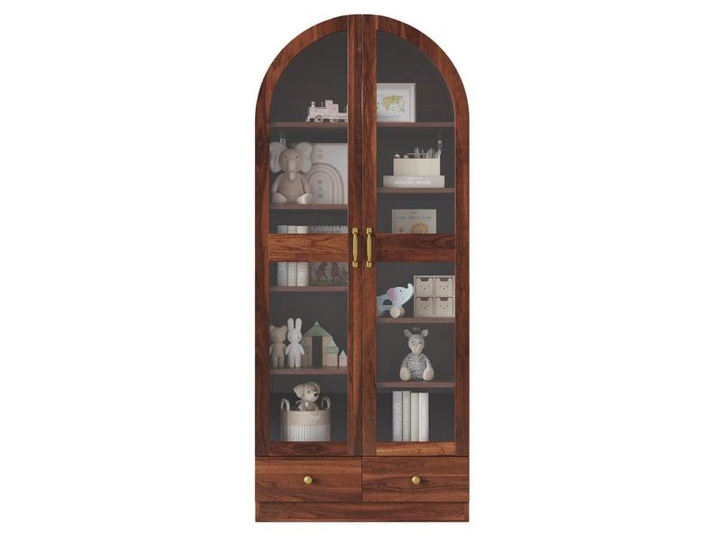  Vitrine multifonctionnelle, bibliothèque arquée, partie supérieure arquée, poignées noires, noyer, 76 × 40 × 180 cm  - Conforama A