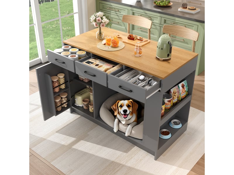  Îlot de cuisine gris et naturel desserte de cuisine avec 3 tiroirs et espace animal 120x60x90 cm  - Conforama C