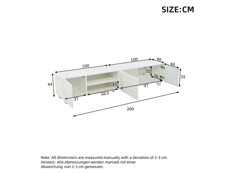  Meuble tv blanc 200x40x44 cm, 3 portes, design imprimé, avec 5 pieds, tv jusqu'à 80 pouces  - Conforama C