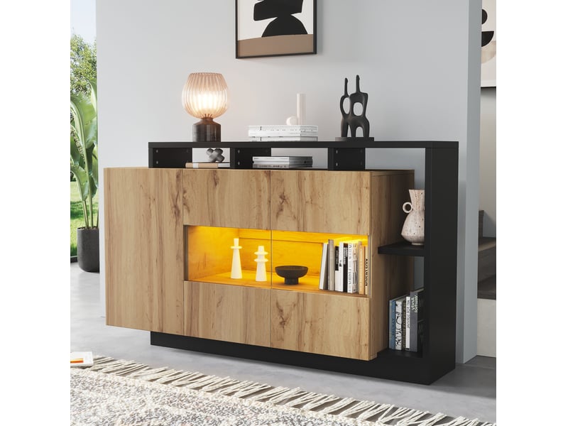  Buffet et enfilade led avec 2 portes, 5 niches et éclairage rgb réglable pour salon, mdf bois, 140 × 44 × 94 cm  - Conforama D