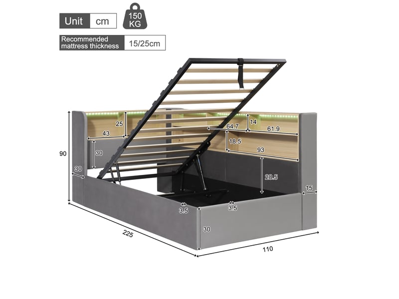Lit banquette coffre 90x200 cm avec rangement hydraulique, led, usb et usb-c, tête de lit avec étagères, sommier à lattes, velours, gris - Conforama C