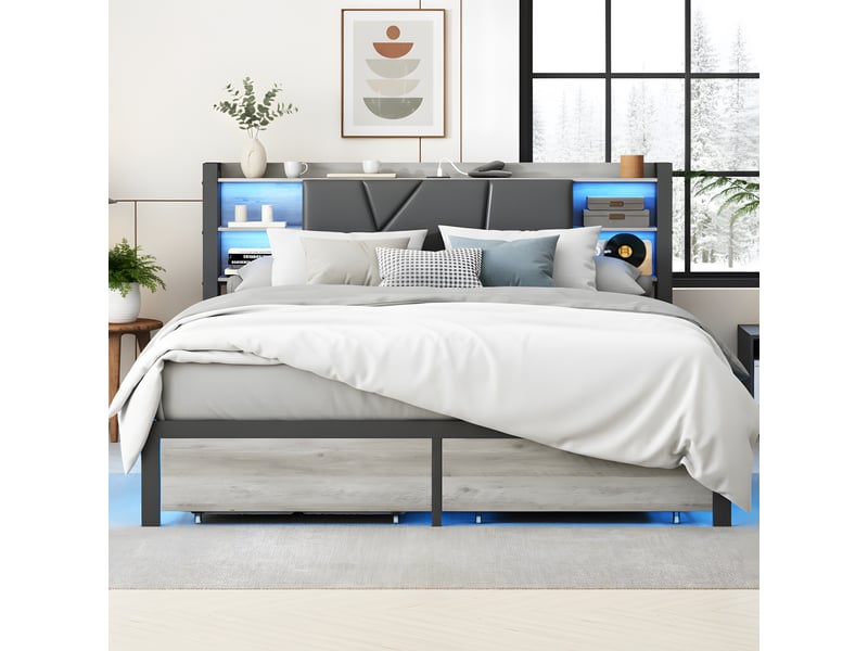  Lit 160x200 avec 2 tiroirs, lit double avec éclairage led &amp; ports usbtype-c, lit adulte, tête de lit avec rangement, noir  - Conforama D