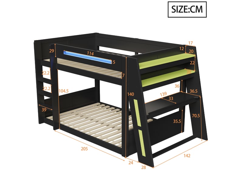  Lit superposé enfant gaming en bois 140x200 cm avec éclairage led, port usb et deux compartiments de rangement noir et vert OPULERANE TRADING LTD - Conforama E
