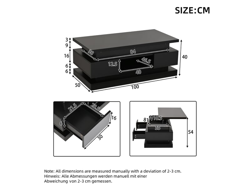  Table basse relevable 100 x 50 x 40 cm avec 2 tiroirs, table d'appoint laquée brillante avec éclairage led, table console, table basse, table de salon avec rangement dissimulé, noir, panneaux de particules  - Conforama C