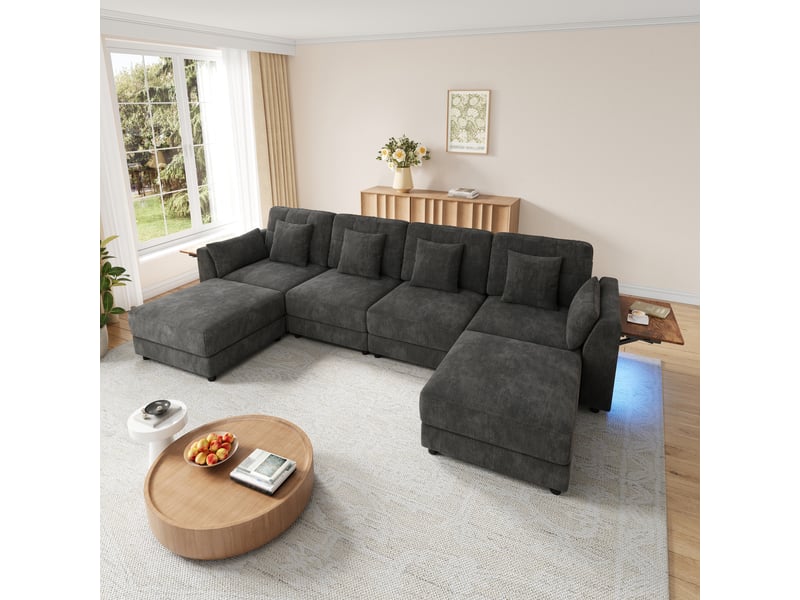  Canapé d’angle modulable ul gris, chenille, 2 poufs, led, tablettes d’accoudoir pliantes, 6 coussins  - Conforama E