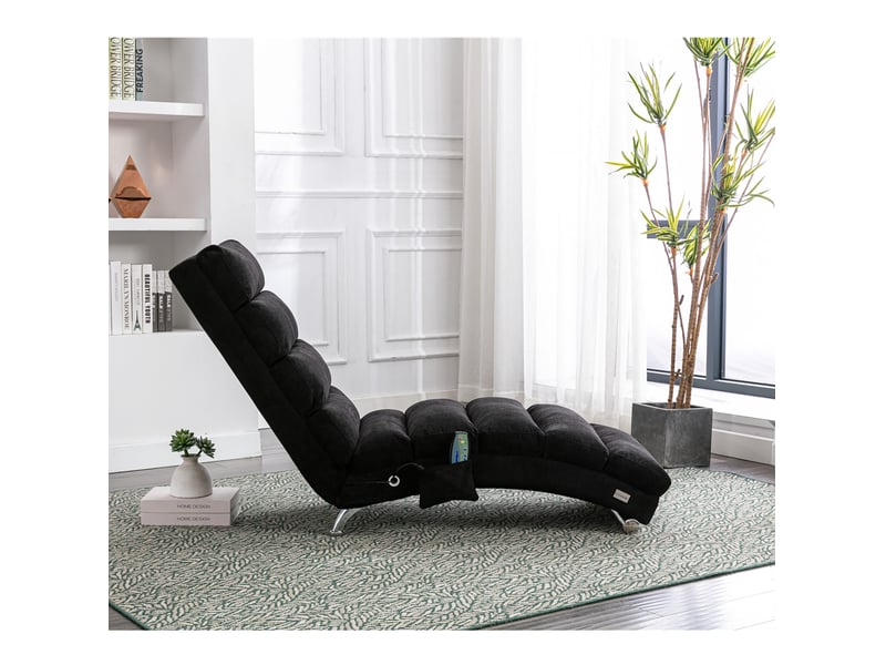  Fauteuil relax fixe vibrant 148x55x84 cm, dossier 140°, soutien complet, poches latérales, mousse, lin noir  - Conforama D