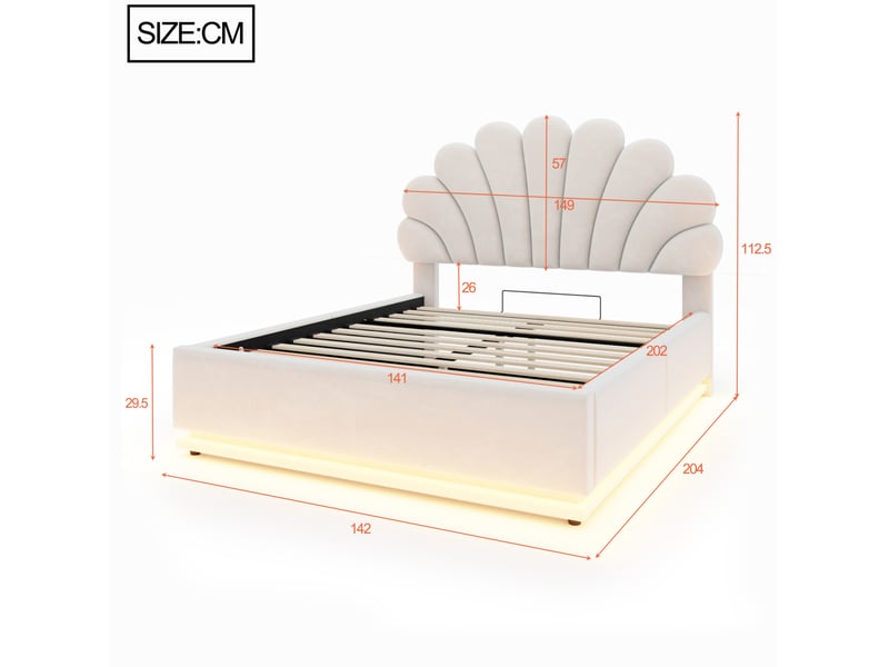  Lit coffre 140 × 200 cm 2 places avec led réglable et tête de lit fleurie, sans matelas, en velours beige  - Conforama D