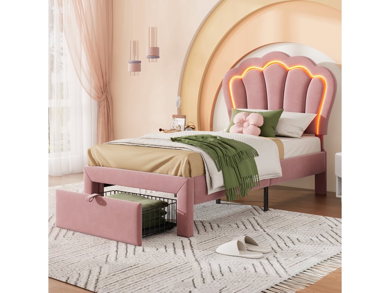  Modenvie lit enfant 90x200 cm - avec led rgb, tête de lit réglable, sommier inclus - rose  - Conforama E