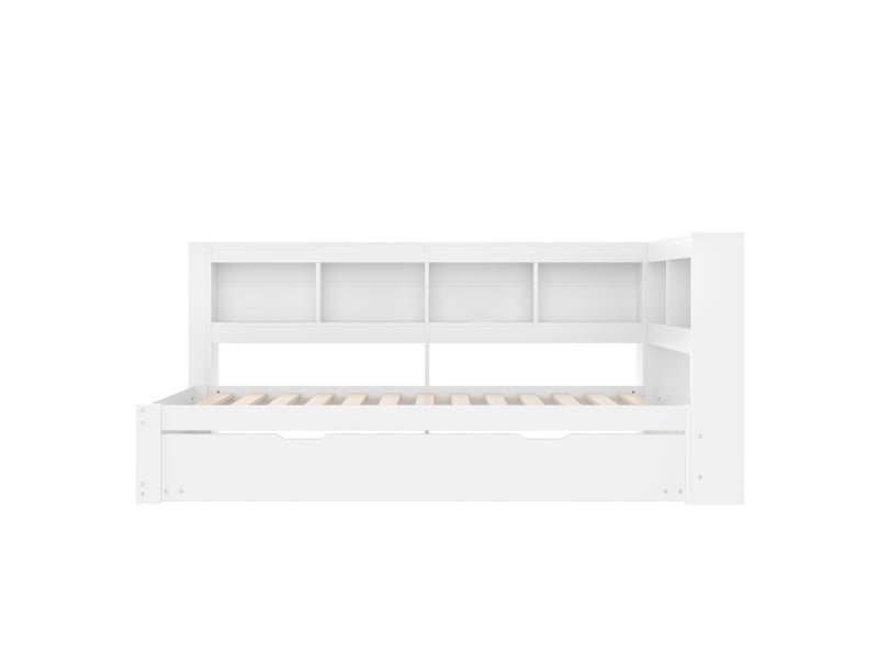  Lit banquette 90x200 avec lit gigogne extensible, ports usb et rangements, structure en bois, blanc  - Conforama W